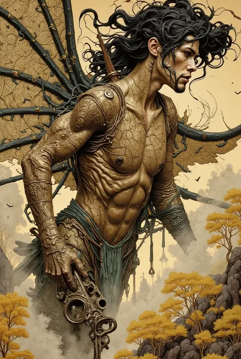 masterpiece, best quality, surreal anime art, highly detailed, tiny dark hooded in a metal mask wizard dragon rider on the back of a massive titanic gargantuan deformed eldritch dragon, flying over an eldritch landscape, style inspired by Mark Simonetti an...