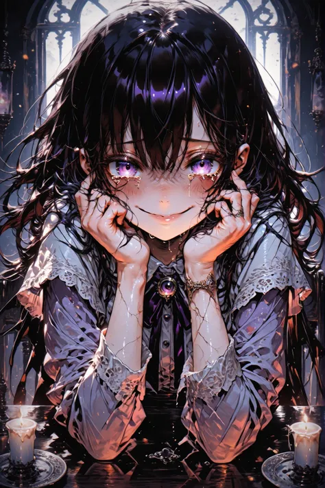 girl with unnaturally turned head at the table wide smile dark hair purple eyes tears flowing she regrets what happened sad atmosphere hands lowered under the table masterpiece high quality 8k hdr