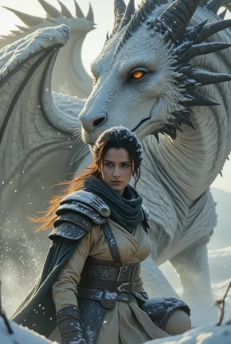 Her eyes, framed by thick lashes and brows shaped by the wind, gleam with calm determination, and her slightly parted lips shimmer with a hint of moisture from the cold air. Fine snow particles swirl around her, sparkling in the warm backlight like tiny st...