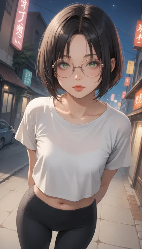 score_9, score_8_up, score_7_up, score_6_up, source_anime, rating:general, 1girl, solo, mature female, black hair, bob cut hair, parted bangs, big green eyes, eyeglasses, pale skin (porcelain skin), extremely detailed face (soft facial features), round fac...