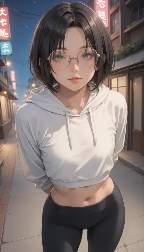 score_9, score_8_up, score_7_up, score_6_up, source_anime, rating:general, 1girl, solo, mature female, black hair, bob cut hair, parted bangs, big green eyes, eyeglasses, pale skin (porcelain skin), extremely detailed face (soft facial features), round fac...