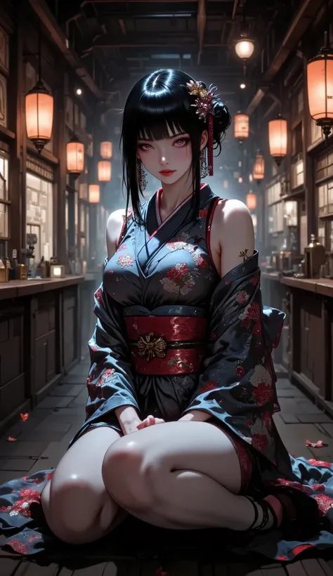 A woman, old Japan, Edo period, A woman in a kimono is squatting on the seat in the old Japanese bar and looking at me invitingly, Punk girl, Yoshiwara, Edo period, she is in a kimono who is the maid, (she is in the old Japanese bar, old Japanese houses, l...