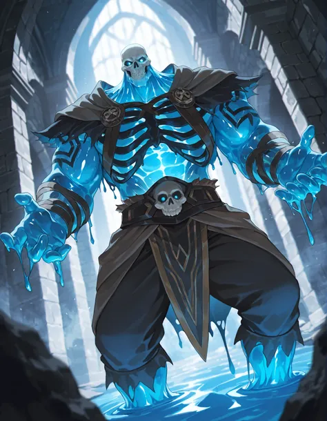 Expressiveh, cold stare, solo male, hungry, score_9, score_8_up, score_7_up, slime short hair, body made of slime, muscular, giant, goliath, slime of a brilliant turquoise blue tone, source_anime, haughty, slime in a form of a man, dark buggy pants, athlet...