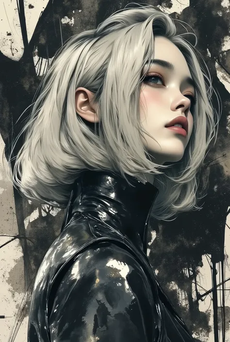 magnificent, abstract pop-art image, expressive, extreme closeup side portrait of young Japanese woman, bleach-blonde bob, dark eyeshadow, averted gaze, sensual, sexy, seductive, erotic, abstract cyberspace background