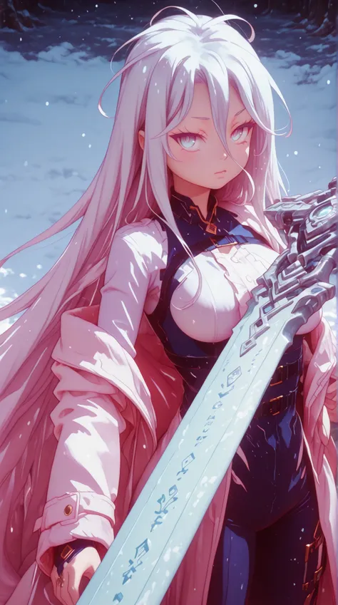 alone, 1 girl, bright and flashy white hair, hair as white as snow, style like Shiro from "No Game No Life", body like Shiro from "No Game No Life", bright and flashy silver-blue eyes, silver-blue eyes the color of Sylpha Langlis' eyes, long bangs between ...