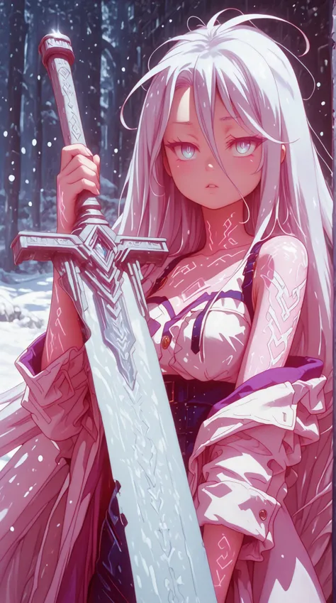 alone, 1 girl, bright and flashy white hair, hair as white as snow, style like Shiro from "No Game No Life", body like Shiro from "No Game No Life", bright and flashy silver-blue eyes, silver-blue eyes the color of Sylpha Langlis' eyes, long bangs between ...