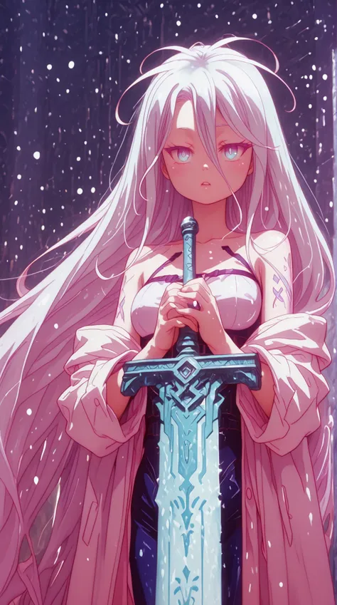 alone, 1 girl, bright and flashy white hair, hair as white as snow, style like Shiro from "No Game No Life", body like Shiro from "No Game No Life", bright and flashy silver-blue eyes, silver-blue eyes the color of Sylpha Langlis' eyes, long bangs between ...