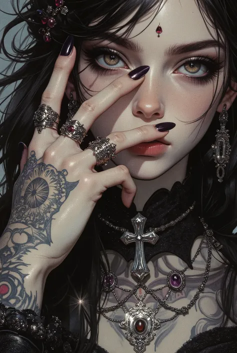 (amazing transcendental's dream:3.5) The photo depicts a powerful gothic sorceress, her face partially hidden by her elegantly adorned hand. She has pale, slender fingers, on which several silver magical rings, set with dark gemstones like onyx and amethys...