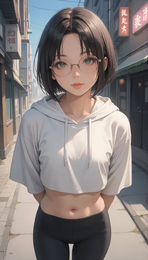 score_9, score_8_up, score_7_up, score_6_up, source_anime, rating:general, 1girl, solo, mature female, black hair, bob cut hair, parted bangs, big green eyes, eyeglasses, pale skin (porcelain skin), extremely detailed face (soft facial features), round fac...