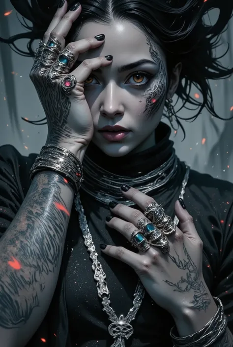 (amazing transcendental's dream:3.5) The photo depicts a powerful gothic sorceress, her face partially hidden by her elegantly adorned hand. She has pale, slender fingers, on which several silver magical rings, set with dark gemstones like onyx and amethys...
