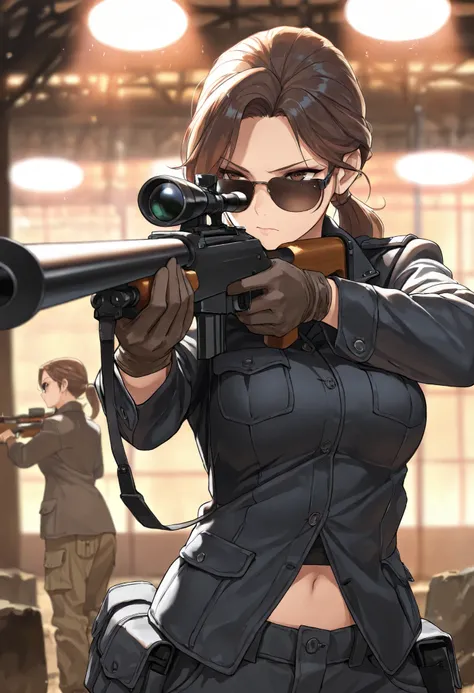 1girl, woman, mature woman, modern setting, brown hair, ponytail, brown eyes, battle pose, cargo pants, (best quality,highres,masterpiece:1.2),ultra-detailed,digital art,cinematic lighting,good atmosphere, holding a sniper rifle, dark sunglasses, gloves, s...
