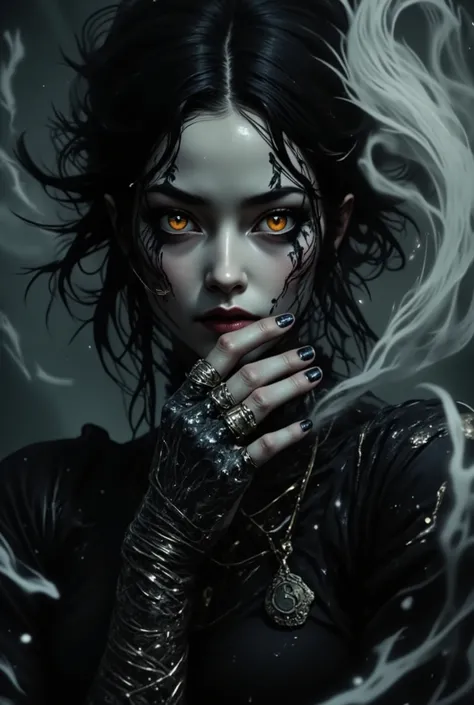(amazing transcendental's dream:3.5) The photo depicts a powerful gothic sorceress, her face partially hidden by her elegantly adorned hand. She has pale, slender fingers, on which several silver magical rings, set with dark gemstones like onyx and amethys...