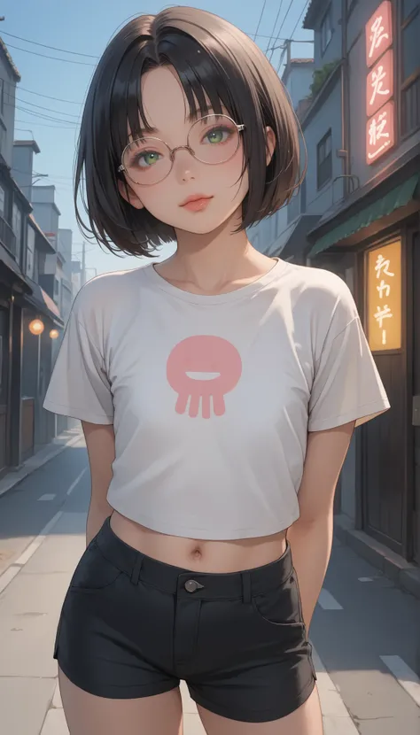 score_9, score_8_up, score_7_up, score_6_up, source_anime, rating:general, 1girl, solo, mature female, black hair, bob cut hair, parted bangs, big green eyes, eyeglasses, pale skin (porcelain skin), extremely detailed face (soft facial features), round fac...