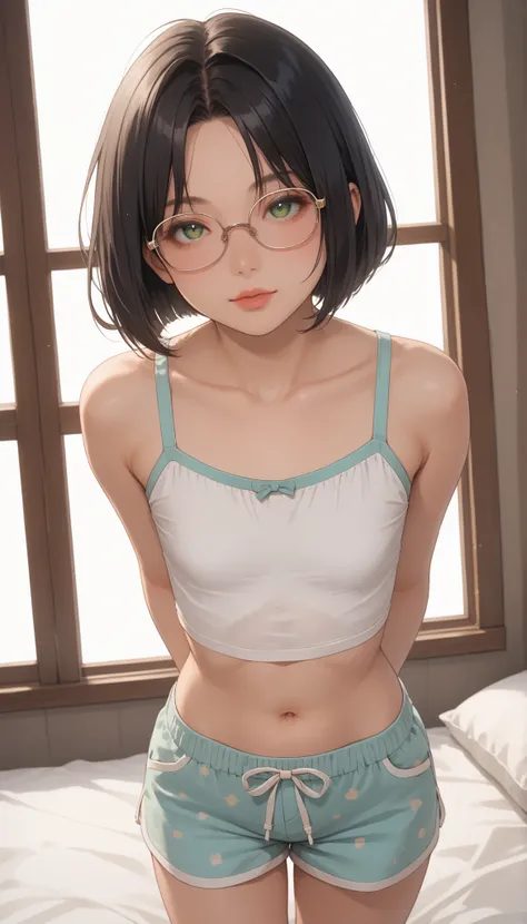 score_9, score_8_up, score_7_up, score_6_up, source_anime, rating:general, 1girl, solo, mature female, black hair, bob cut hair, parted bangs, big green eyes, eyeglasses, pale skin (porcelain skin), extremely detailed face (soft facial features), round fac...