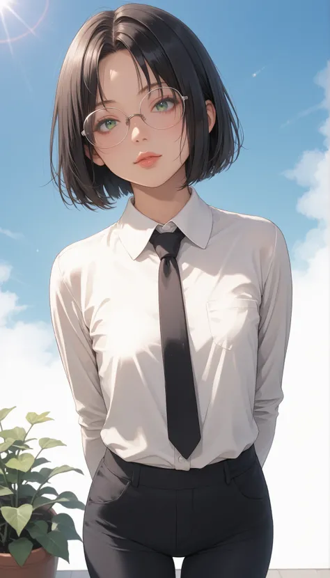 score_9, score_8_up, score_7_up, score_6_up, source_anime, rating:general, 1girl, solo, mature female, black hair, bob cut hair, parted bangs, big green eyes, eyeglasses, pale skin (porcelain skin), extremely detailed face (soft facial features), round fac...