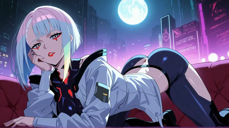  Lucy walks around town  \(cyberbank\), Looking for an audience , 1girl, hime haircut , Silver hair,  colored tips , full moon,  beautiful waist,  buttocks, is lying on the sofa, Spreads her legs, neckline, Kneeling, buttocks,  Slender legs, with grey eyes...