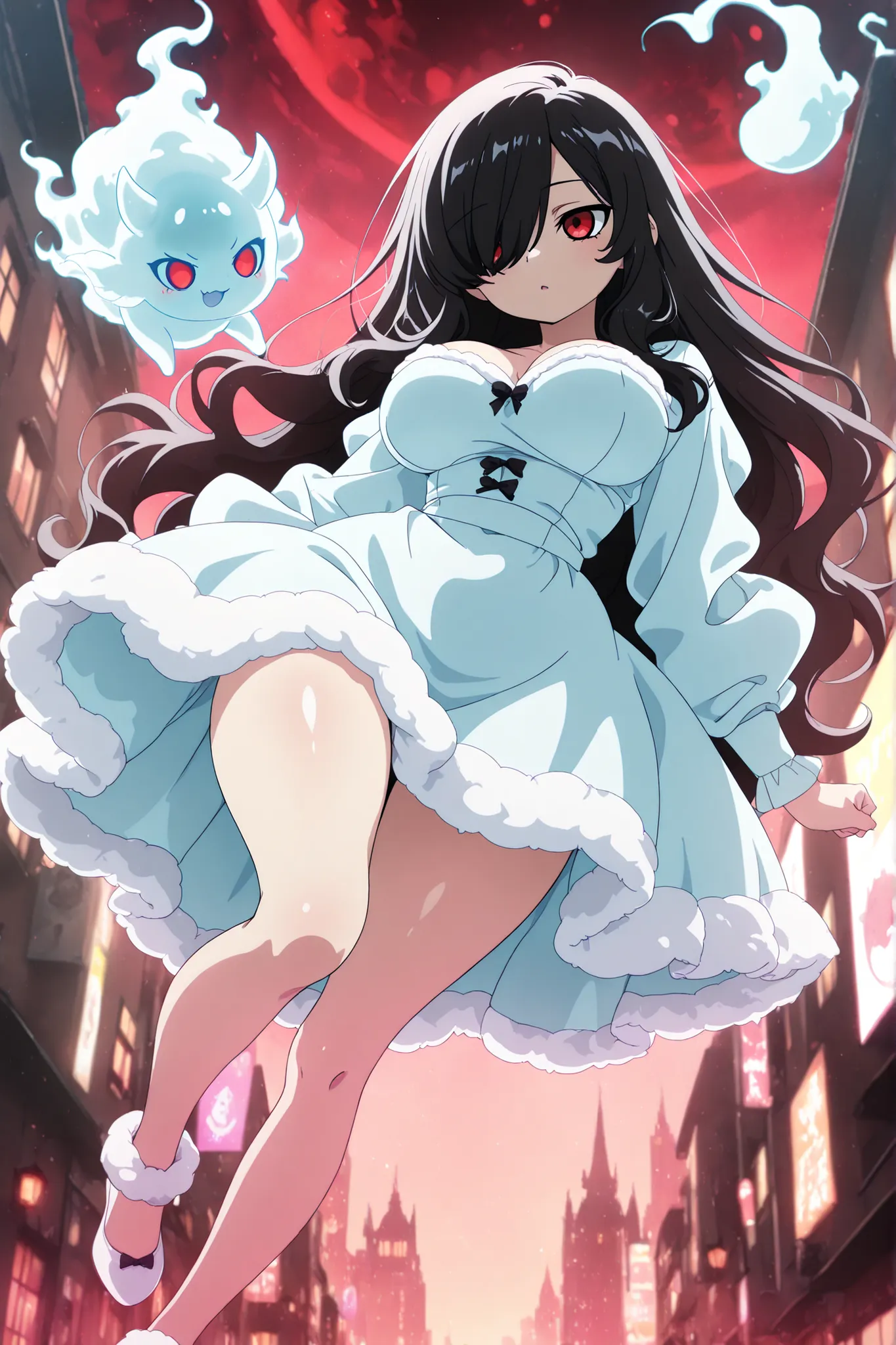 anime screenscap,1girl, Kuroki Monika, black hair, very long hair, hair over right eye, red eyes, large breasts, (petite but curvy, very cute),
, sweet fluffy dress, solo, close-up, full body, looking at other, (cute little demon, spirit, imaginary spirit...