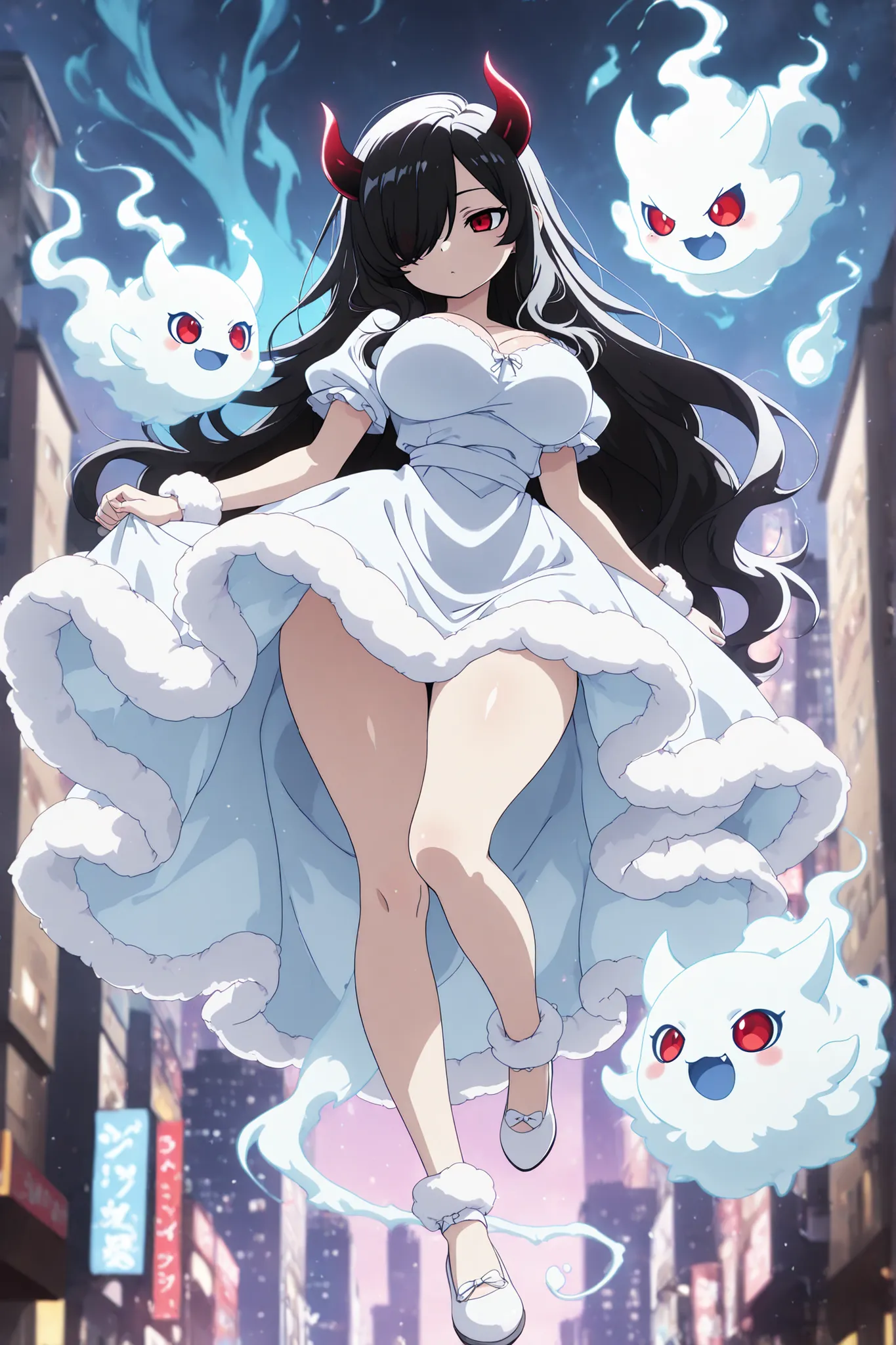 anime screenscap,1girl, Kuroki Monika, black hair, very long hair, hair over right eye, red eyes, large breasts, (petite but curvy, very cute),
, sweet fluffy dress, solo, close-up, full body, looking at other, (cute little demon, spirit, imaginary spirit...