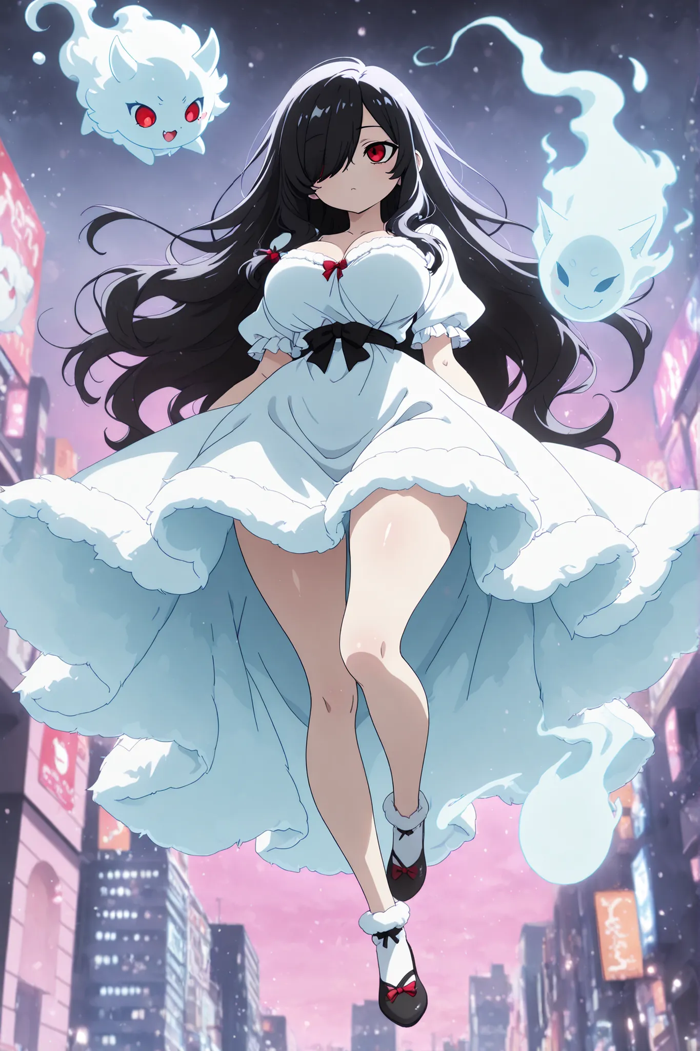 anime screenscap,1girl, Kuroki Monika, black hair, very long hair, hair over right eye, red eyes, large breasts, (petite but curvy, very cute),
, sweet fluffy dress, solo, close-up, full body, looking at other, (cute little demon, spirit, imaginary spirit...