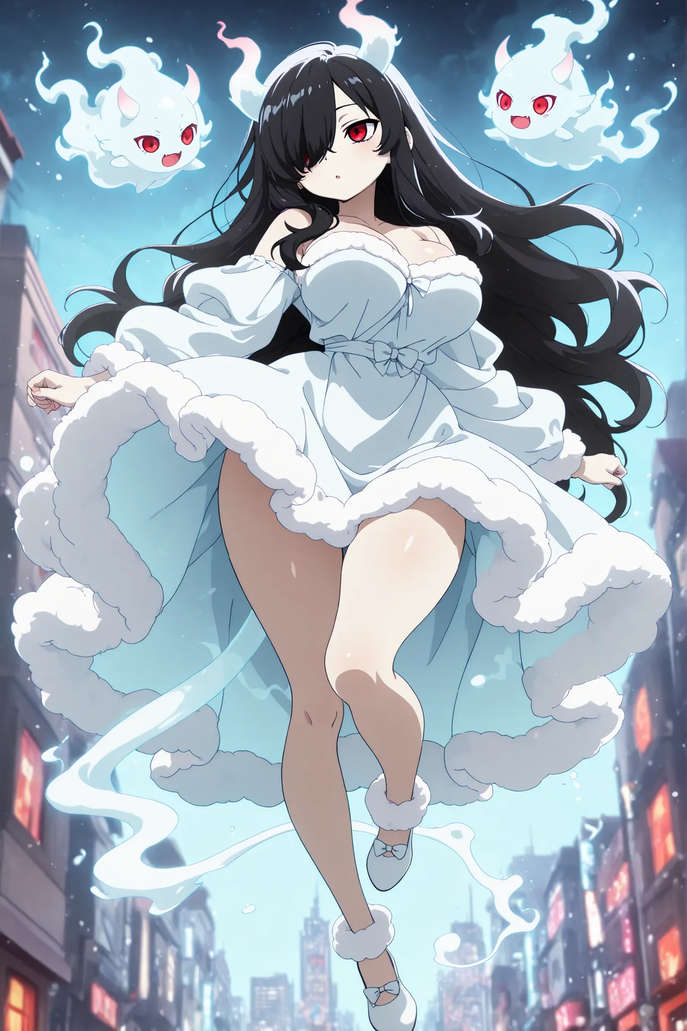 anime screenscap,1girl, Kuroki Monika, black hair, very long hair, hair over right eye, red eyes, large breasts, (petite but curvy, very cute),
, sweet fluffy dress, solo, close-up, full body, looking at other, (cute little demon, spirit, imaginary spirit...