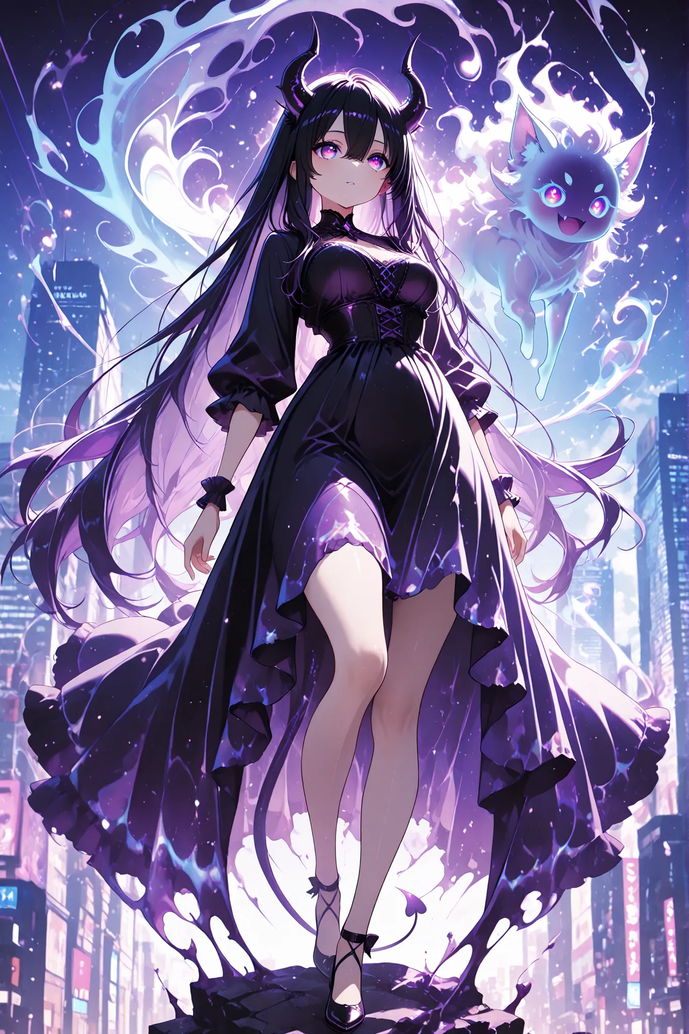 anime screenscap,1 woman, sharp purple eyes , multicolored eyes , hair between eyes , long side bangs , black hair with fine purple strands , very long hair , medium breasts , cool, beautiful,
, sweet fluffy dress, solo, close-up, full body, looking at o...
