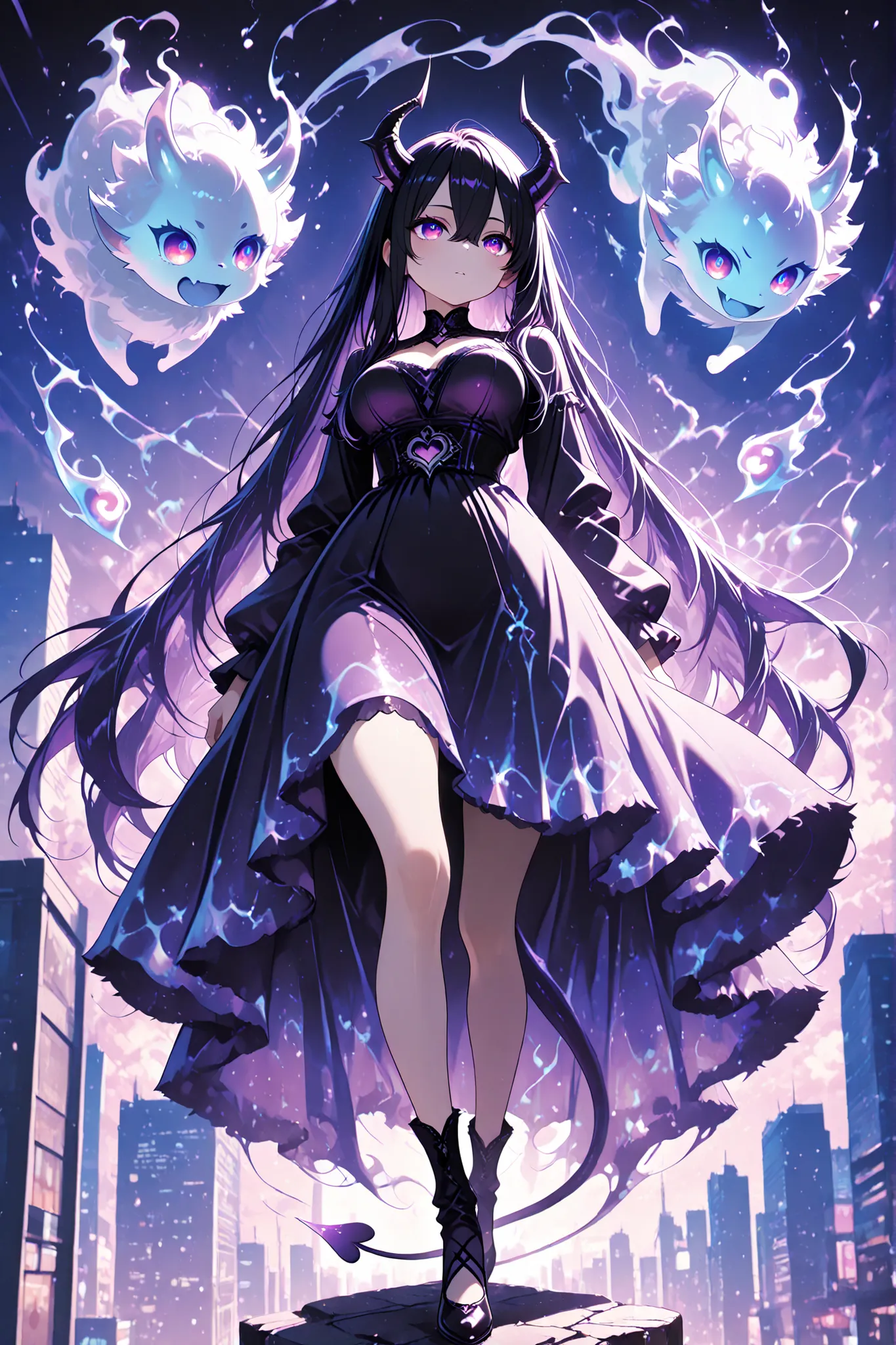 anime screenscap,1 woman, sharp purple eyes , multicolored eyes , hair between eyes , long side bangs , black hair with fine purple strands , very long hair , medium breasts , cool, beautiful,
, sweet fluffy dress, solo, close-up, full body, looking at o...