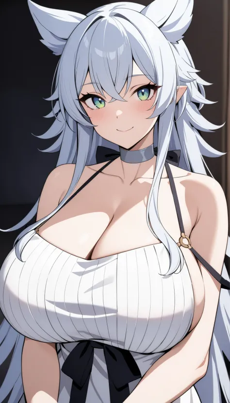 ( masterpiece,  high quality,  Very beautiful,  is super accurate),  Intricate details on the hem of the dress,  1 girl, ,    wolf girl , longhair,  is a big breast,  Choker,  collarbone ,  wide sleeves white dress , President,   With ,  Inside ,  A smile ...