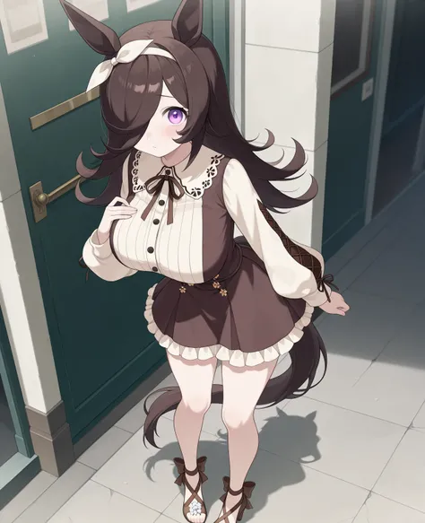 score_9, score_8_up, score_7_up, source_anime, masterpiece,highres, absurdres, very aesthetic, newest,best quality,amazing quality,absurdres, anime coloring, anime screenshot, highres, absurdres, very aesthetic, newest, good quality, BREAK 1girl, BREAK solo, voluptuous, BRAKE, huge breast, barefoot, brown heels, braided heels, rice shower \(umamusume\), rcs casual, animal ears, bangs, blush, bow, brown dress, brown hair, brown ribbon, casual, collared dress, micro dress, eyebrows visible through hair, frilled dress, frills, hair bow, hair over one eye, hair ribbon, hairband, horse ears, horse girl, horse tail, long hair, long sleeves, puffy long sleeves, puffy sleeves, ribbon, tail, violet eyes, white hairband,