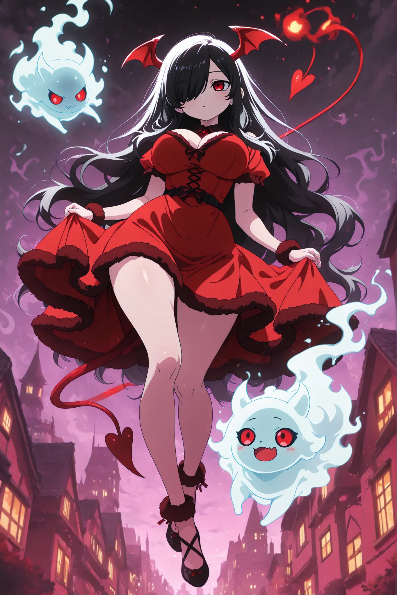 anime screenscap,1girl, Kuroki Monika, black hair, very long hair, hair over right eye, red eyes, large breasts, (petite but curvy, very cute),
, red sweet fluffy dress, solo, close-up, full body, looking at other, (cute little demon, spirit, imaginary sp...
