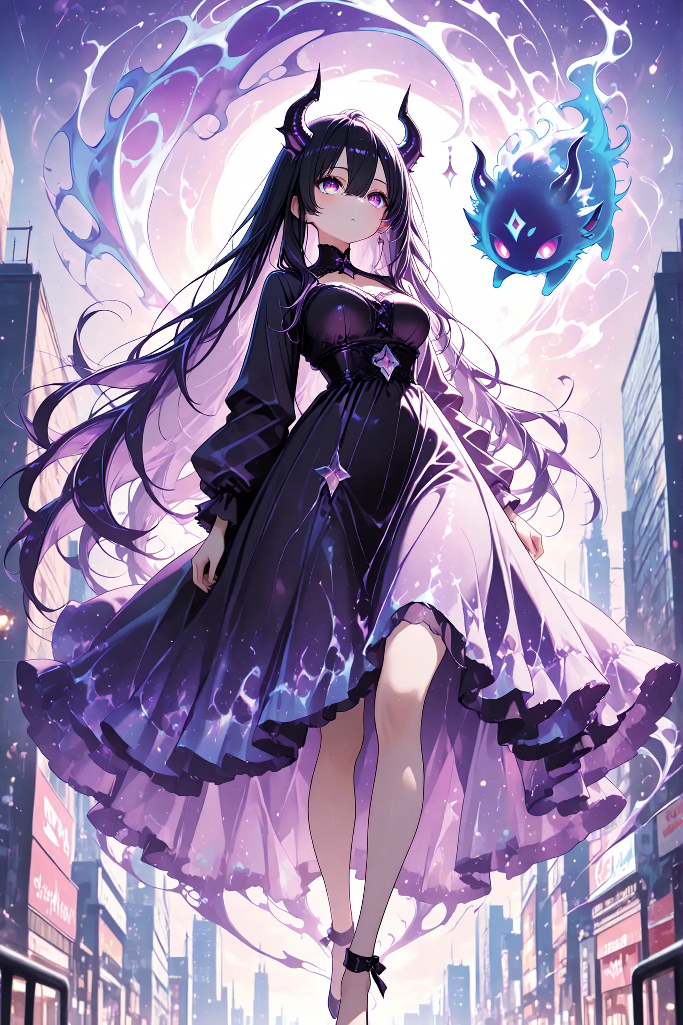 anime screenscap,1 woman, sharp purple eyes , multicolored eyes , hair between eyes , long side bangs , black hair with fine purple strands , very long hair , medium breasts , cool, beautiful,
, sweet fluffy dress, solo, close-up, full body, looking at o...