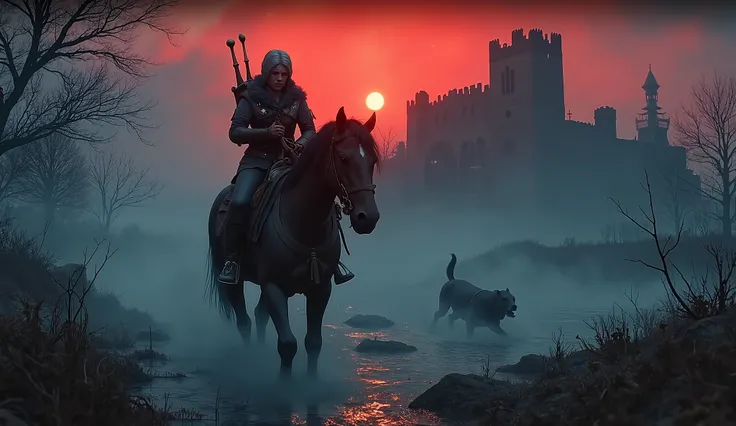 ciri on the monster hund, witcher,hood, cape, black horse, green detailed eyes, scars, night castle, red skies, foggy moody acidic yellow winter swamp, 