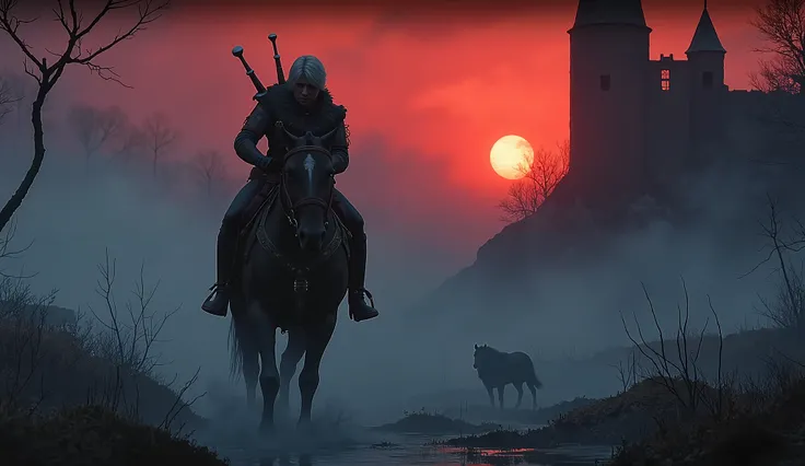 ciri on the monster hund, witcher,hood, cape, black horse, green detailed eyes, scars, night castle, red skies, foggy moody acidic yellow winter swamp, 