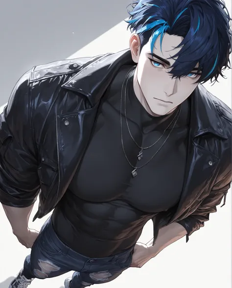1 man, adult, solo, male focus, (streaked hair:1.5), dark blue hair, blue hair, short hair, blue eyes, cool large shirt, black shirt, necklaces, muscular, sexy man, handsome, solo, mature, handsome, sexy man, sensual, pale skin, lean, muscular, cool, 
,sol...