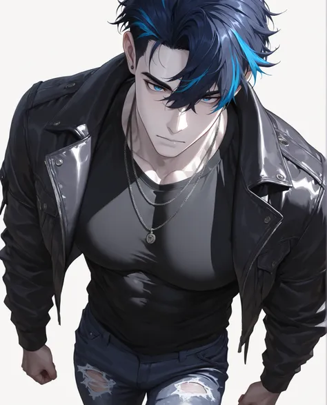 1 man, adult, solo, male focus, (streaked hair:1.5), dark blue hair, blue hair, short hair, blue eyes, cool large shirt, black shirt, necklaces, muscular, sexy man, handsome, solo, mature, handsome, sexy man, sensual, pale skin, lean, muscular, cool,
,sol...