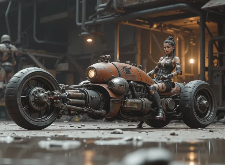cinematographic photograph using the rule of thirds and composition on planes Photo a 3/4 full body shot counterposed at ground level,  soft light, unmarked contrasts, a retrofuturistic motorcycle (Speeder bike) Flying ( bike) inspired by motorcycles with ...