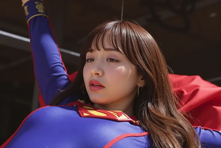 Mori Kasumi as supergirl、Mori Kasumi, a sexy and cute beauty with long brown hair, She is wearing long-sleeved blue tight-fitting clothes, In the chest "S" emblem、Gold trim on sleeves, short pleated red skirt and gold supergirl belt, tall red boots with go...