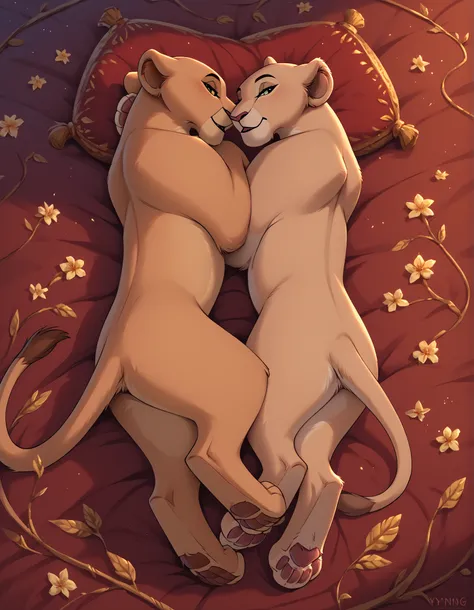 duo, 2girls, Lioness, female, lying on side, liyng tigether, Feral, back view, detailed background, full body, narrowed eyes, 4 fingers, paws,