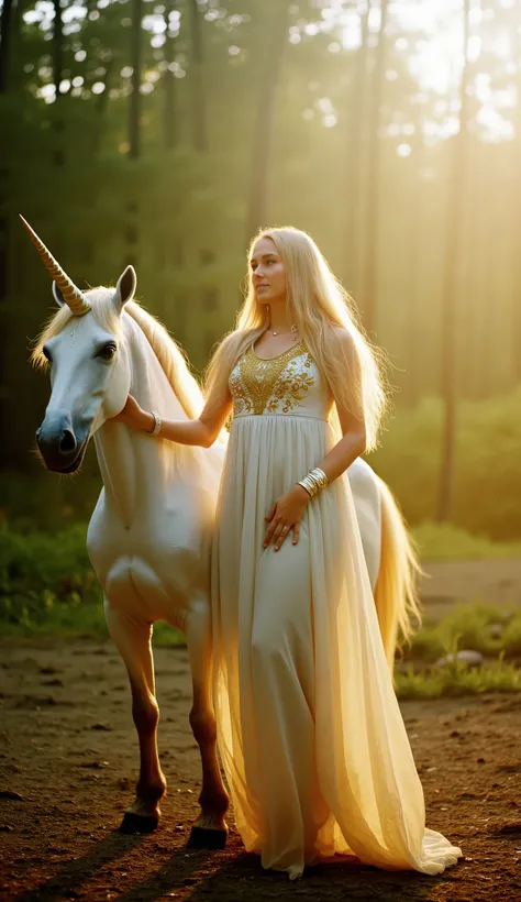 Ultra HDR, ultra-realistic illustration of an ethereal nature scene, golden light and soft mist, a blonde woman with long flowing hair, white and gold dress blowing in the wind, peaceful expression, beside her a majestic unicorn with realistic golden mane ...