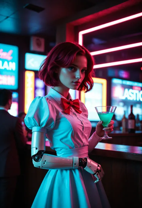 score_9, score_8_up, score_7_up, 1girl, dorothy haze, robot joints, short hair, android, redish eyes, light dress with pouf sleeves, red bow tie, neon light reflections on skin, neon lights background, low light, bar, drinking, tall classy glass, blue and ...
