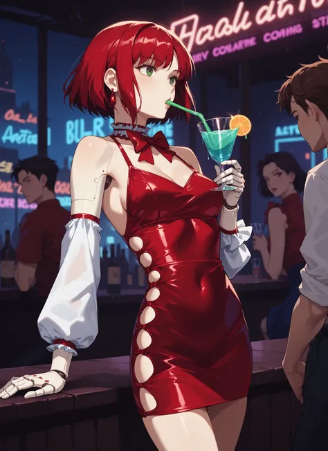 score_9, score_8_up, score_7_up, 1girl, dorothy haze, robot joints, short hair, android, redish eyes, light dress with pouf sleeves, red bow tie, neon light reflections on skin, neon lights background, low light, bar, drinking, tall classy glass, blue and ...