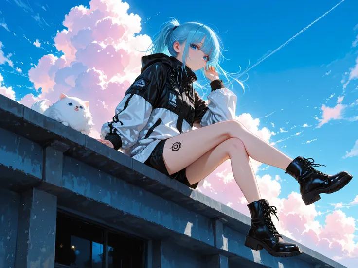 a cool and stylish young woman with long blue ponytail hair and sharp side bangs, sitting casually on a high ledge with one leg up and the other dangling, under a bright clear blue sky with dramatic fluffy clouds in the background, wearing a modern layered...