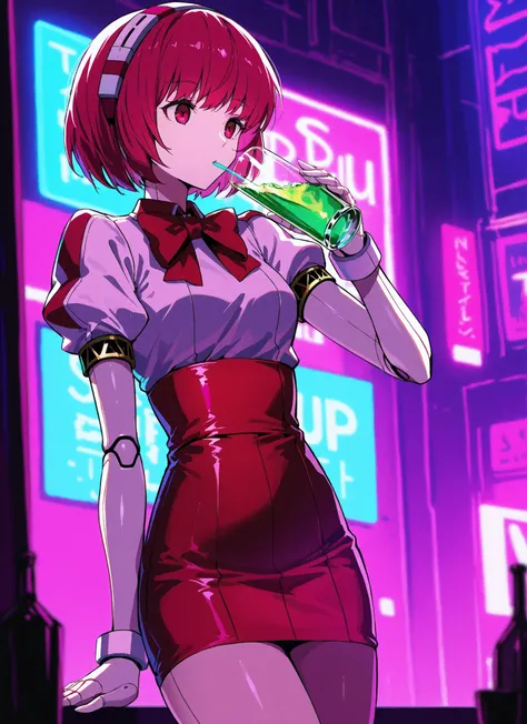 score_9, score_8_up, score_7_up, 1girl, dorothy haze, robot joints, short hair, android, redish eyes, light dress with pouf sleeves, red bow tie, neon light reflections on skin, neon lights background, low light, bar, drinking, tall classy glass, blue and ...