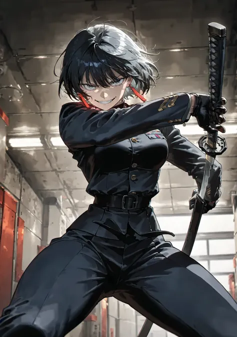 (anime coloring),(anime style),(masterpiece:1.2), (best quality:1.2), (very aesthetic:1.2), (absurdres:1.2), (detailed background:1.2),(newest),(highly detailed),(dynamic lighting), kagari hiyuki (kagurabachi),1girl, kagari hiyuki, black hair, short hair, ...