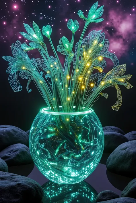 A mesmerizing scene of bioluminescent alien plants glowing within a swirling Crystal Prism Vortex, set against a dreamy Nebula backdrop. The plants radiate a mystical glow, shifting from vibrant emerald to deep plasma pink, their luminescence captured in i...