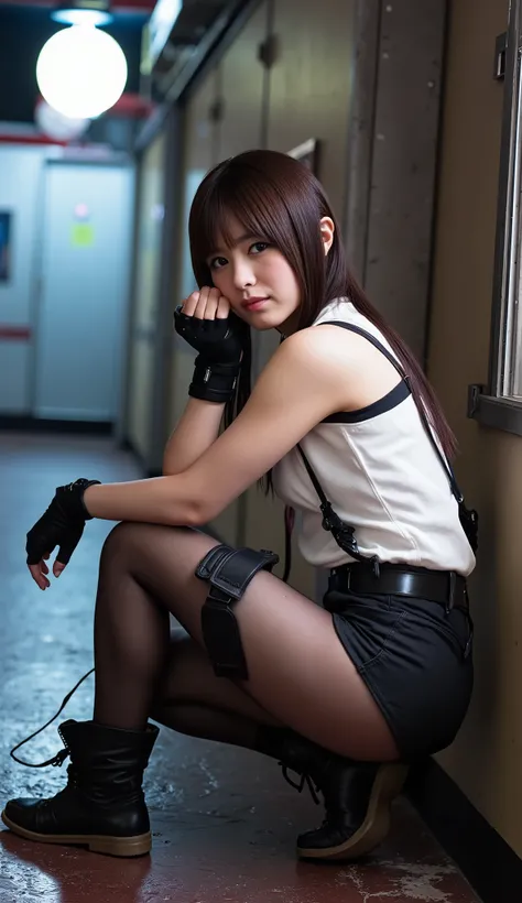 masterpiece, (fnsw:1.2), (cinematic portrait:1.3), young woman cosplayer, (Tifa-Lockhart cosplayer ), white tank top, black suspenders, black mini skirt, black gauntlets, black stockings, long dark brown hair, ((gigantic breasts:1.2)), athletic build, sitt...