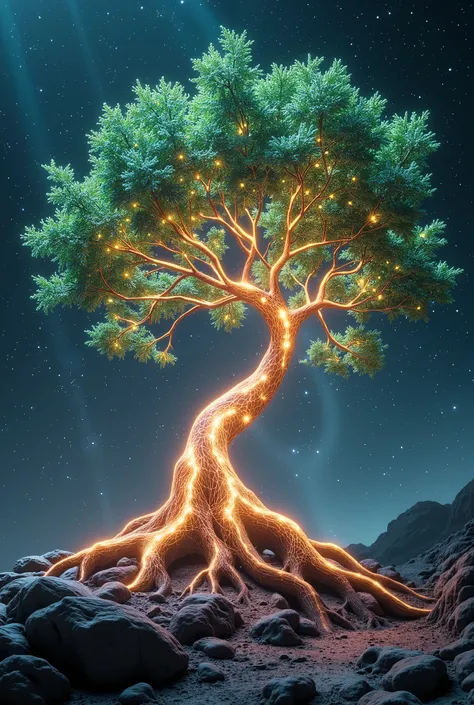 A mesmerizing ancient ether-tree, its roots floating as intricate constellations within a vibrant Glowing Plasma Field. The tree's trunk is entwined with a Celestial Dreamweave Matrix, glowing with delicate threads of light, shaped through the fusion of Qu...