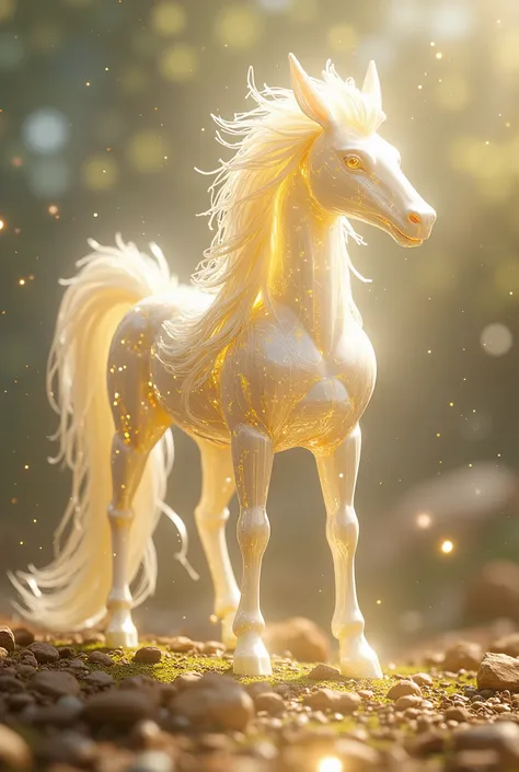 A crystalline kirin with a flowing liquid-glass mane stands at the center of a divine scene, bathed in an ethereal Angelic Ascension Glow. The kirin’s shimmering body is composed of translucent crystal, reflecting a soft radiance from within, while its man...