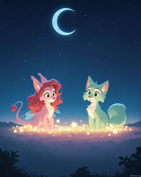 A dreamy, magical night sky scene. A young, glowing anthropomorphic star is shining brightly and gazing down at the Earth with a soft, curious expression. She floats among many other stars, each twinkling gently. Nearby, a calm, wise-looking Moon with a pe...