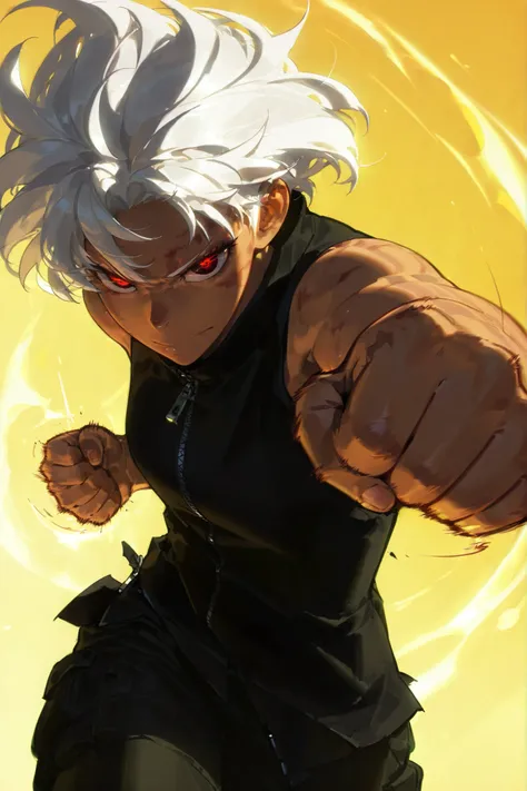 Beautifull, Athletic body, toned body, alone, woman, , white hair, black red eye, tan, black sleeveless turtle neck shirt with zipper, black cargo pants, , intricate sketch, expressive eyes nose and mouth, bruised , 2d, solo leveling artstyle, punching po...