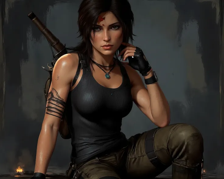 In the photo Lara Croft is in a sitting position, turned slightly to the side, a bal keze a combján nyugszik, while touching her hair or the back of her neck with her right hand, ami laza, giving her a thinking or just resting pose. Her gaze is fixed direc...